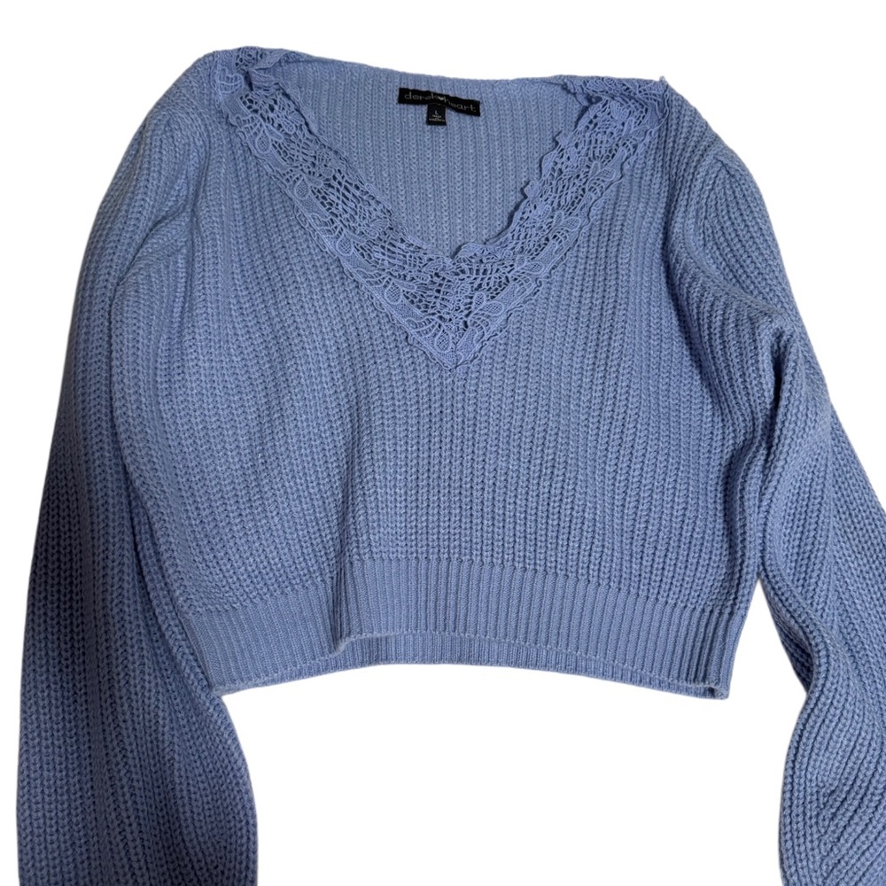 Sky Blue V-Neck Lace Trim Cropped Sweater